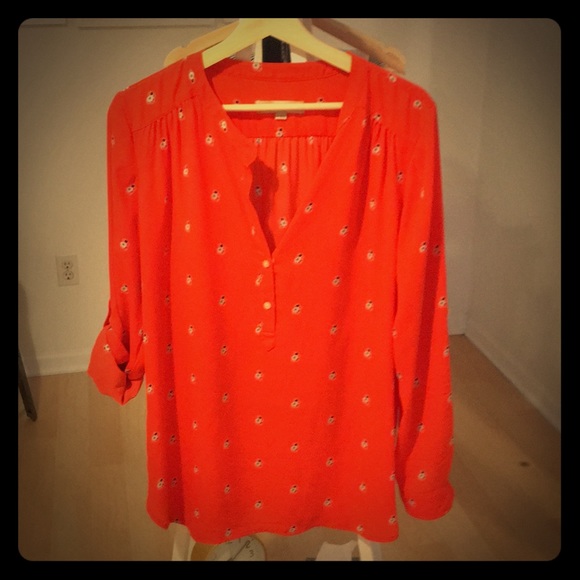 Barely worn, bright orange print popover blouse. - Picture 1 of 6